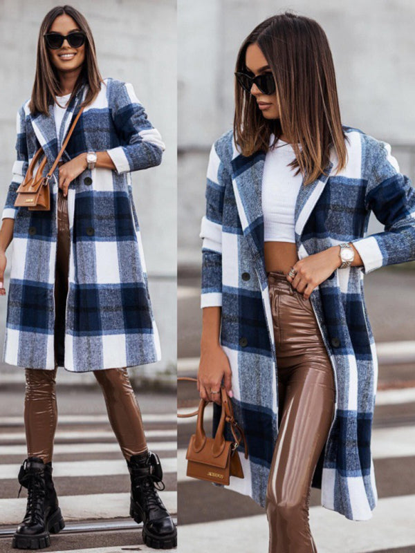 Women’s mid-length plaid printed coat - Blue / S