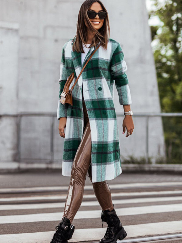 Women’s mid-length plaid printed coat - Green / S