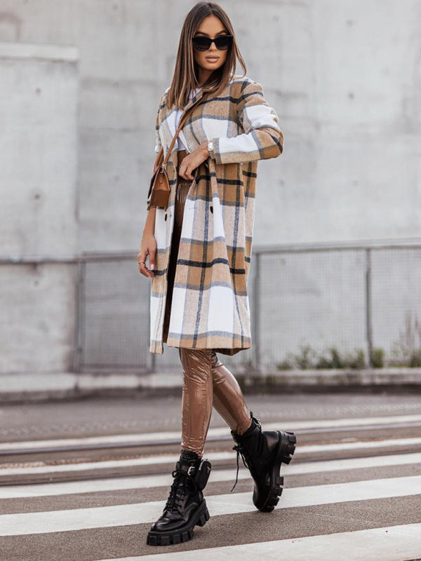 Women’s mid-length plaid printed coat - Khaki / S