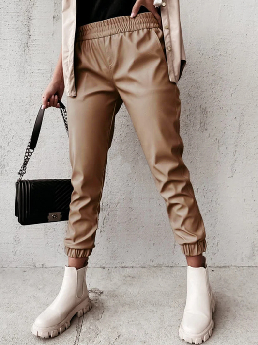 Women’s Mid Waist Casual PU Leather Pants - Khaki / S