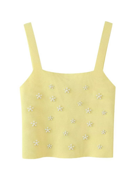 Women’s pearl embellished knitted top - Yellow / S