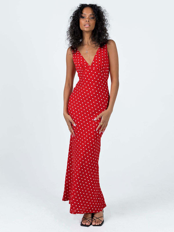 Women’s polka dot V-neck fishtail suspender dress - Red / S