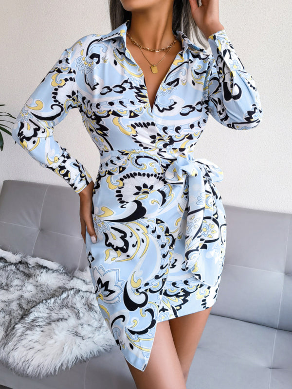 Women’s printed casual tie shirt dress