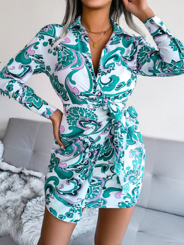 Women’s printed casual tie shirt dress