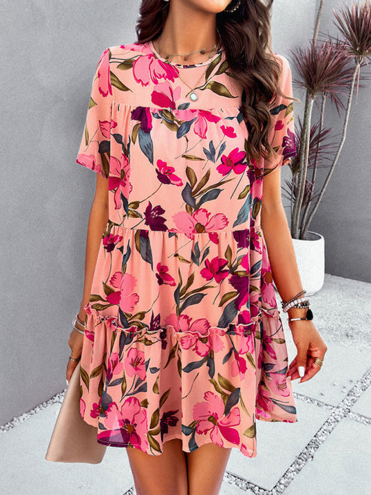 Women’s printed short-sleeved dress - Pink / S