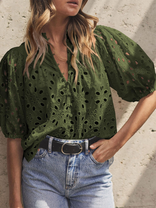 Women’s Puff Sleeve Embroidered Shirt