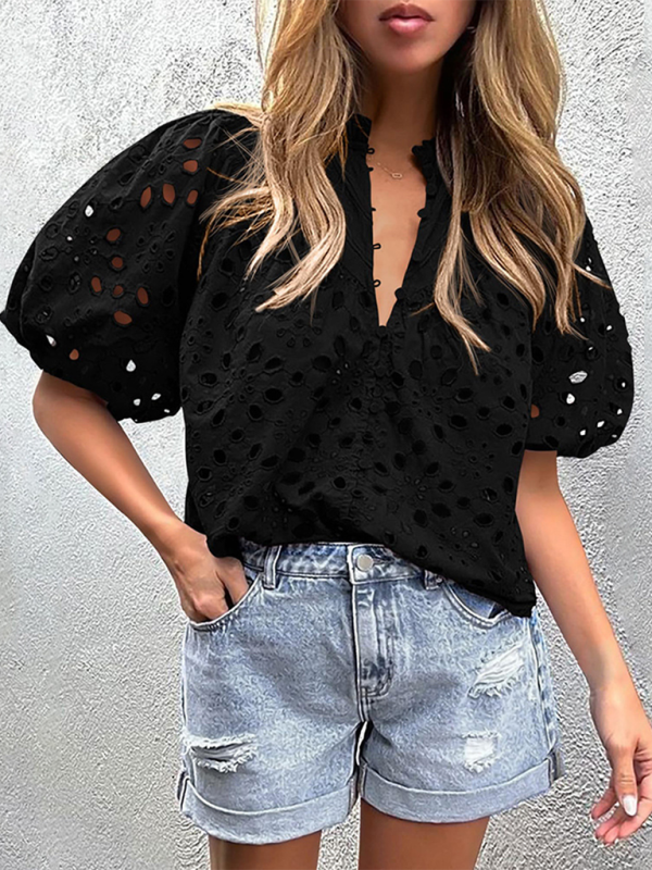 Women’s Puff Sleeve Embroidered Shirt - Black / S