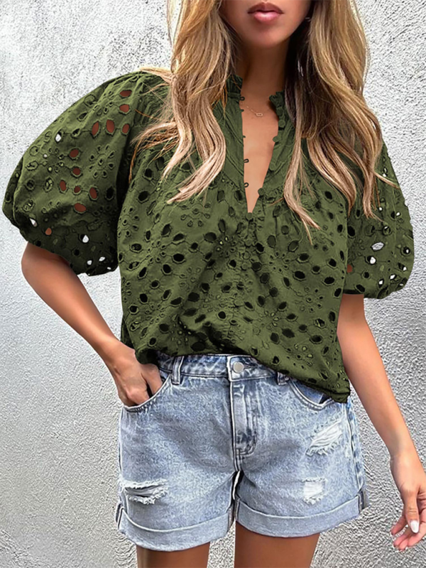 Women’s Puff Sleeve Embroidered Shirt - Grass green / S