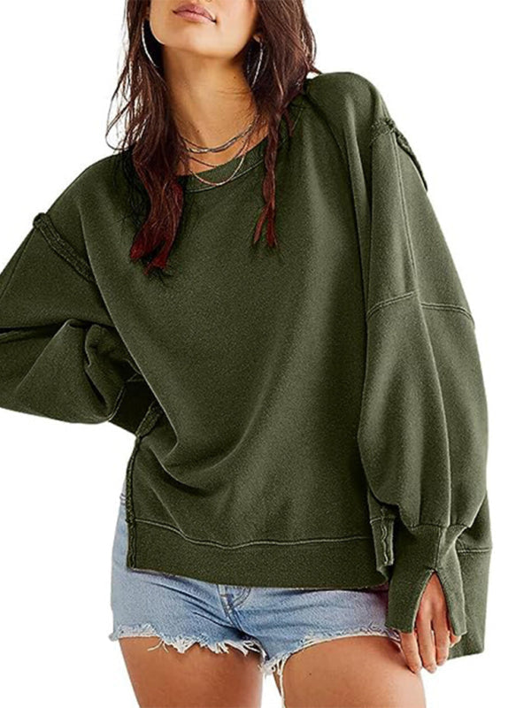 Women’s round neck loose side slit long sleeve sweatshirt