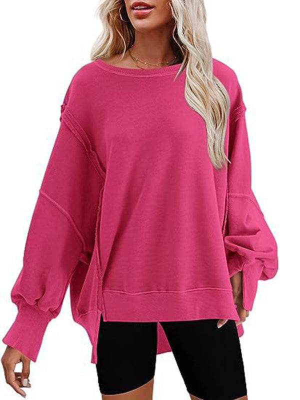 Women’s round neck loose side slit long sleeve sweatshirt