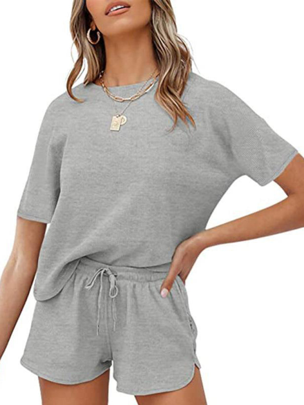 Women’s Short Sleeve Loungewear Solid Color Casual Waffle