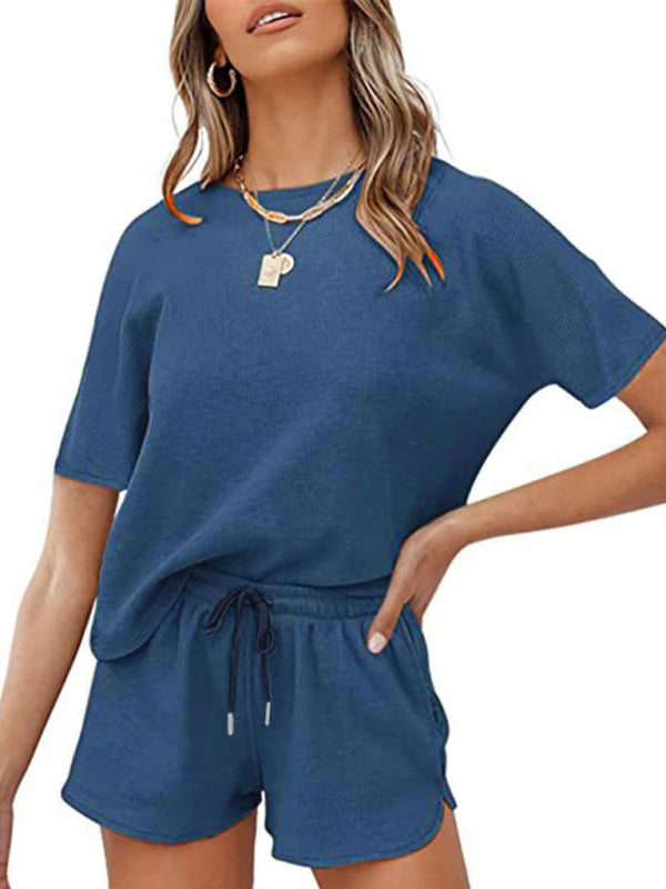 Women’s Short Sleeve Loungewear Solid Color Casual Waffle