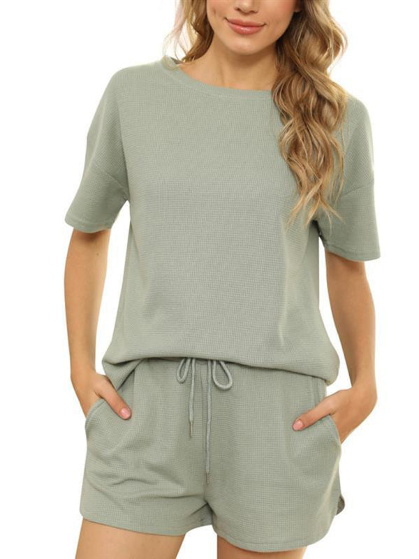 Women’s Short Sleeve Loungewear Solid Color Casual Waffle