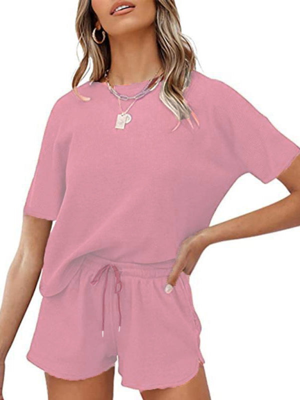 Women’s Short Sleeve Loungewear Solid Color Casual Waffle