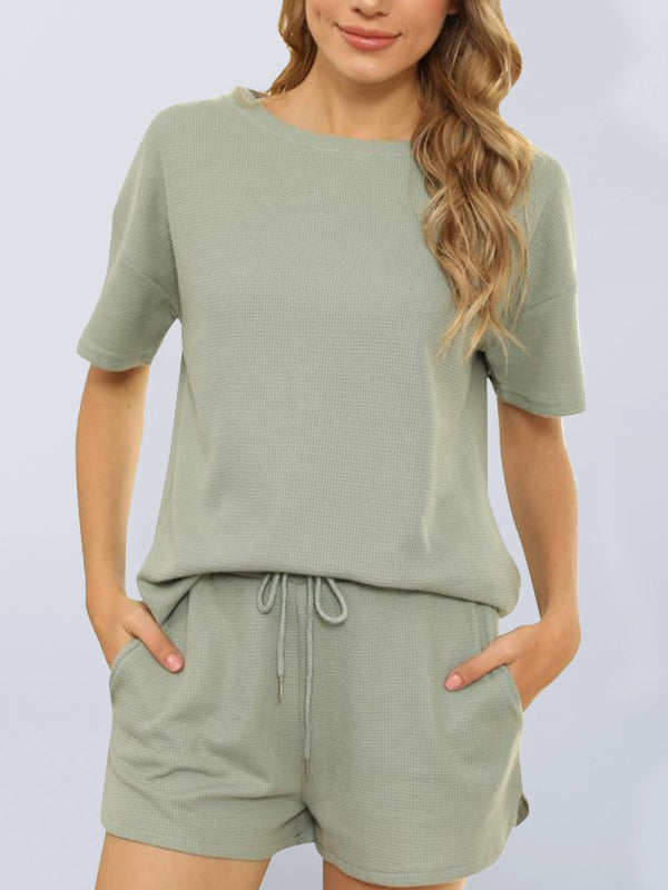 Women’s Short Sleeve Loungewear Solid Color Casual Waffle