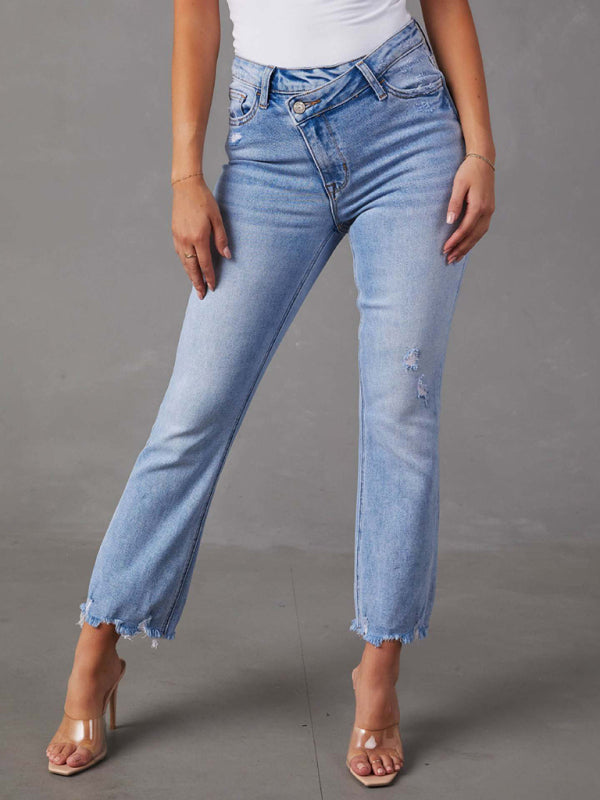 Women’s simple ripped light color casual jeans - Clear