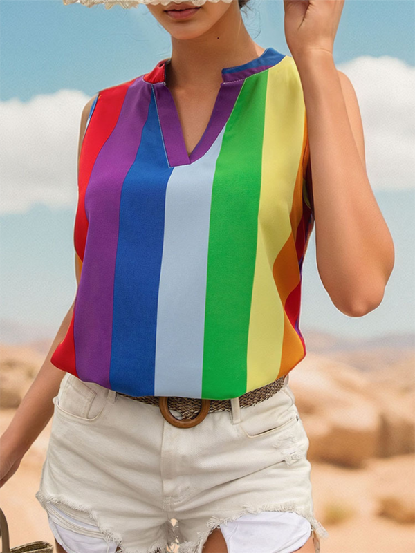 Women’s sleeveless basic colorful striped V-neck top