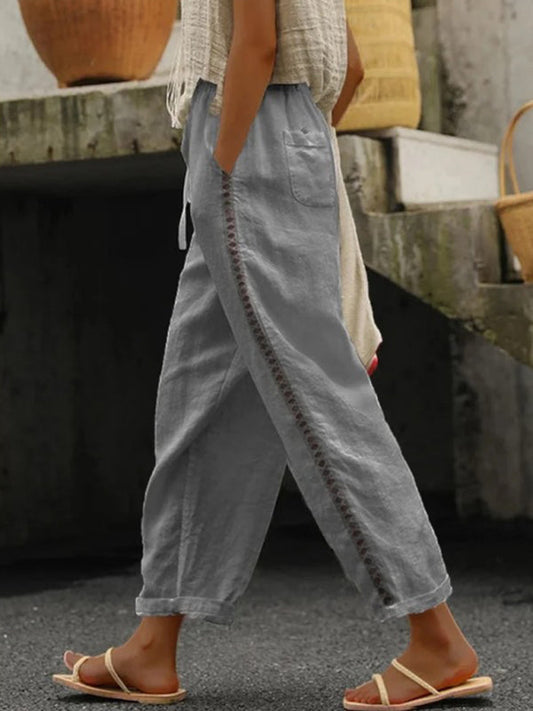 Women’s Solid Color Cotton Linen Casual Pants - Grey / S