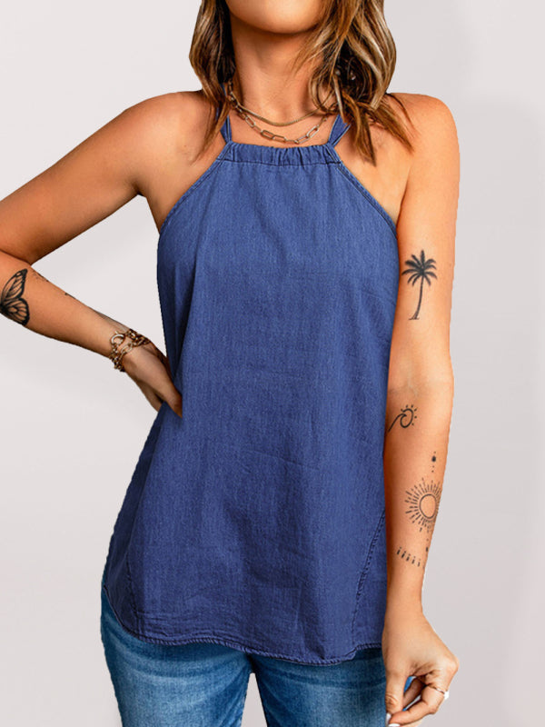 Women’s Solid Color Halter Neck Loose Tank Top - Purplish