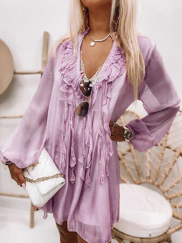 Women’s solid color ruffled long sleeve dress - Pink / S