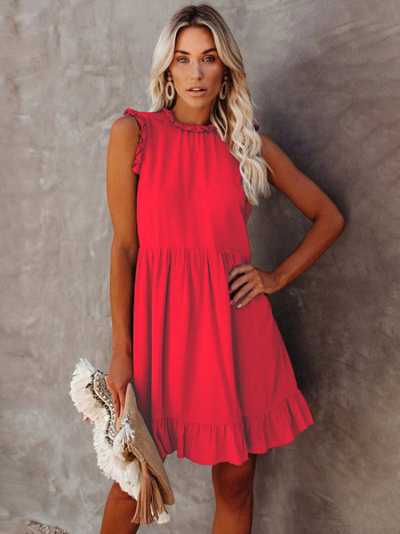 Women’s Solid Color Ruffled Waist Dress - Red / S