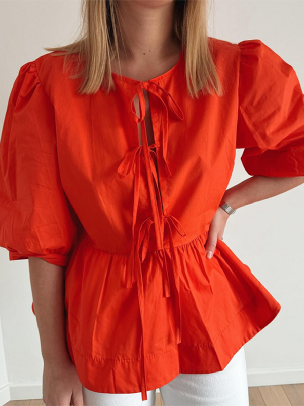 Women’s striped lace-up shirt - Orange / S