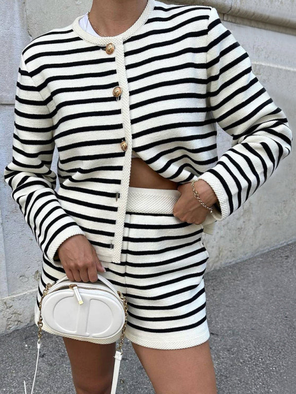 Women’s striped simple cardigan shorts two-piece set