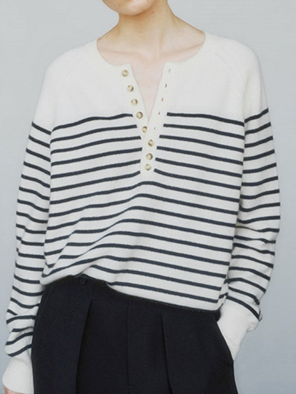 Women’s Striped Single Breasted Raglan Sleeve Sweater