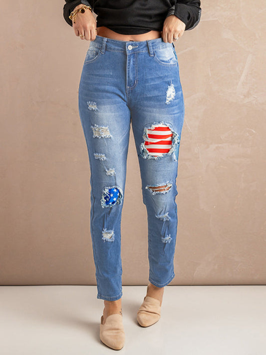 Women’s Striped Stars Print Casual Jeans - Blue / S