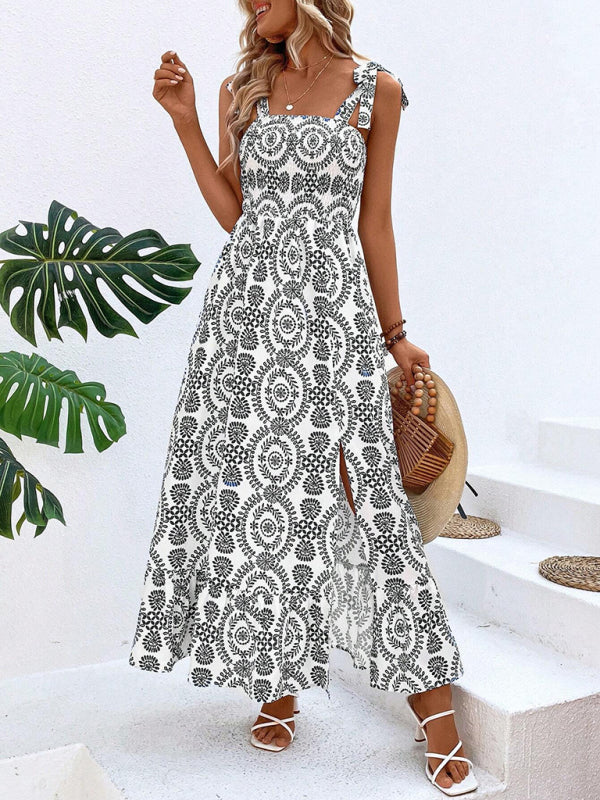 Women’s summer strap printed sleeveless slit long dress