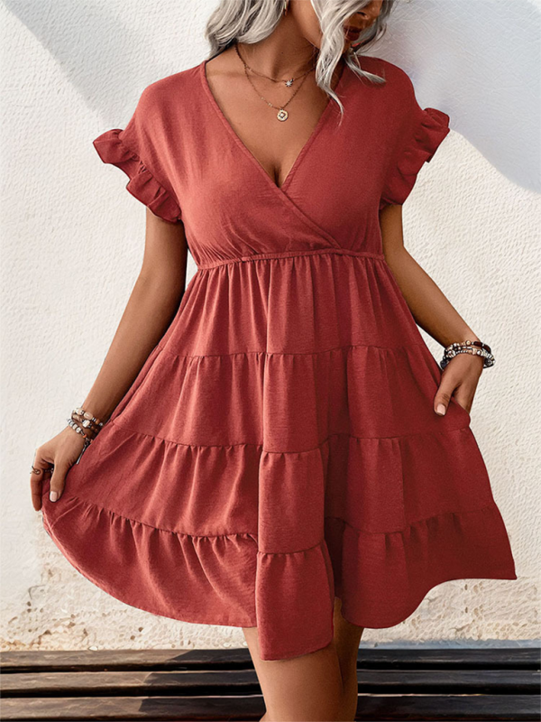 Women’s v-neck raglan sleeve solid color dress - Orange