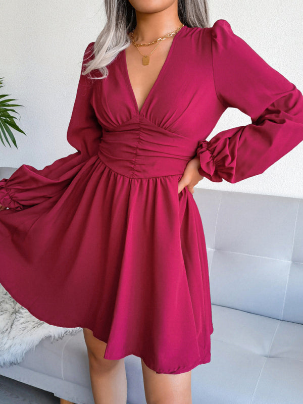 Women’s V-neck Waist Chiffon Pleated Dress