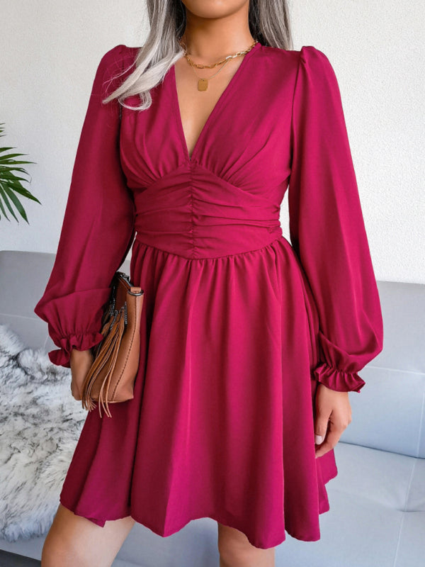 Women’s V-neck Waist Chiffon Pleated Dress