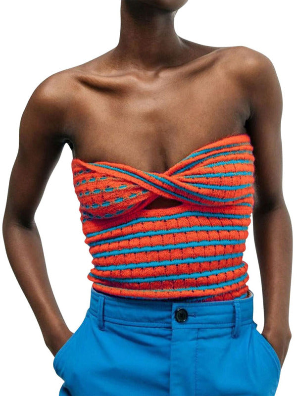 Women’s Vacation Striped Sweater Knit Bandeau Tank Top