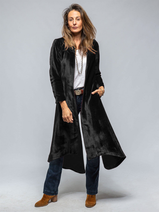 Women’s Velvet Long Solid Color Coat - Black / S