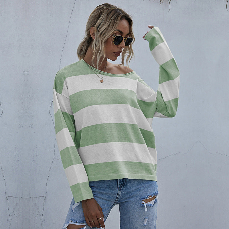 Women's loose round neck long sleeve knitted striped sweatshirt