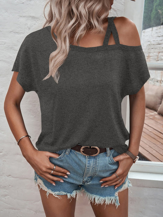 Solid Color Off-Shoulder Short Sleeve T-Shirt