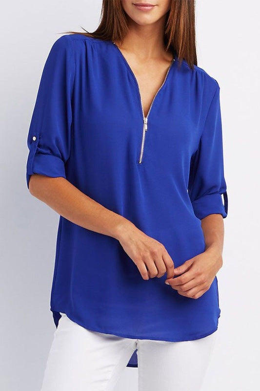 V-neck zipper large size long-sleeved pull-sleeve loose commuter chiffon shirt