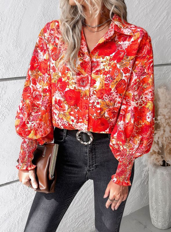 Temperament casual floral printed lantern sleeve shirt