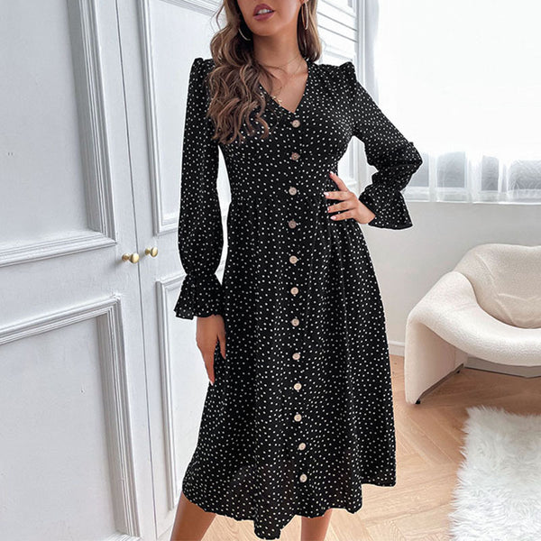 Women's black wave dot long sleeve dress