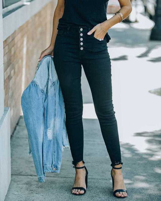 Black all-match elastic pencil jeans