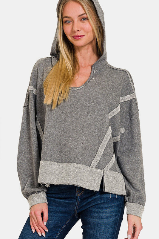 Zenana Contrast Trim Slit Hoodie - Dark Gray / S/M