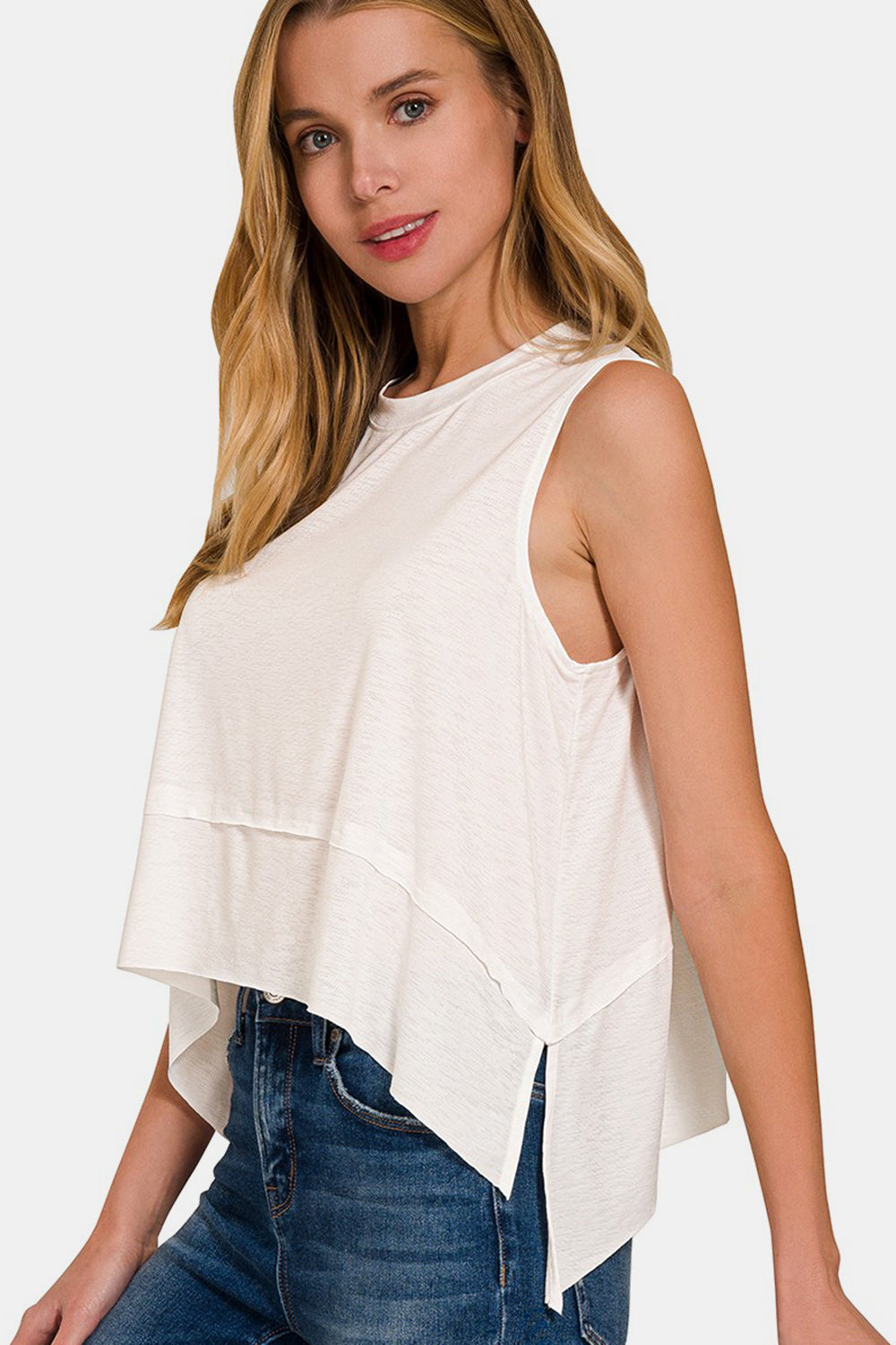 Zenana Slit High-Low Round Neck Tank - Ivory / S