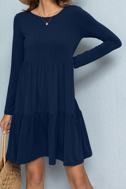 Round Neck Long Sleeved Tiered Dress