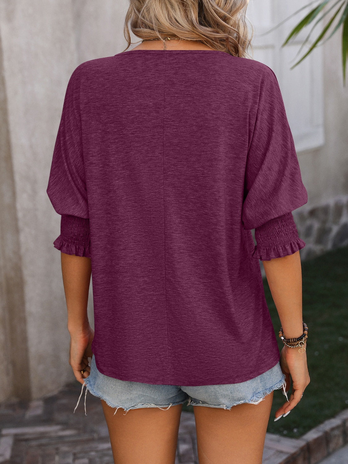 Heathered Notched Lantern Sleeve Blouse