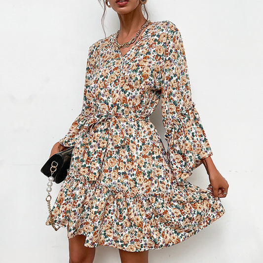 V-neck printed long-sleeved early autumn dress