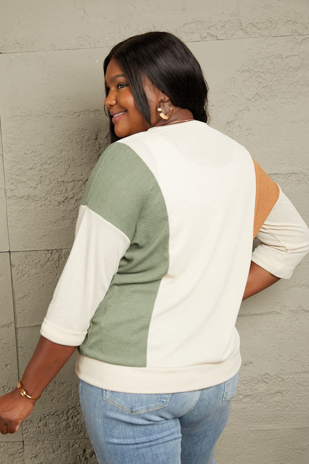 Sew In Love Full Size Tr-Color Pattern Long Sleeve