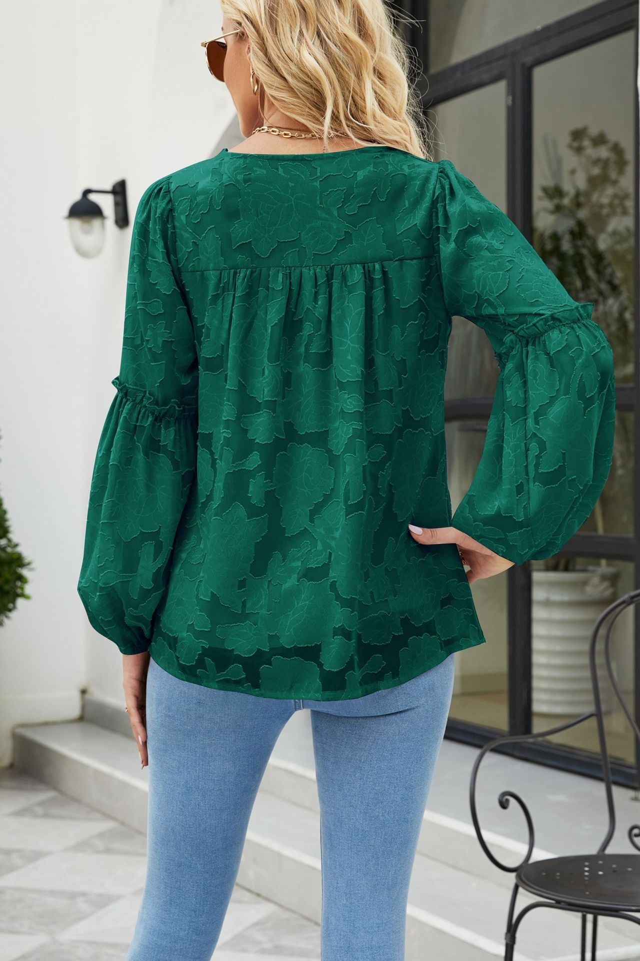 Applique Frill Trim Gathered Detail Blouse Print on any thing USA/STOD clothes