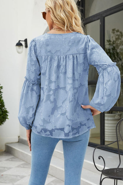 Applique Frill Trim Gathered Detail Blouse Print on any thing USA/STOD clothes