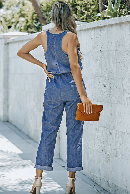Buttoned Scoop Neck Denim Jumpsuit Print on any thing USA/STOD clothes